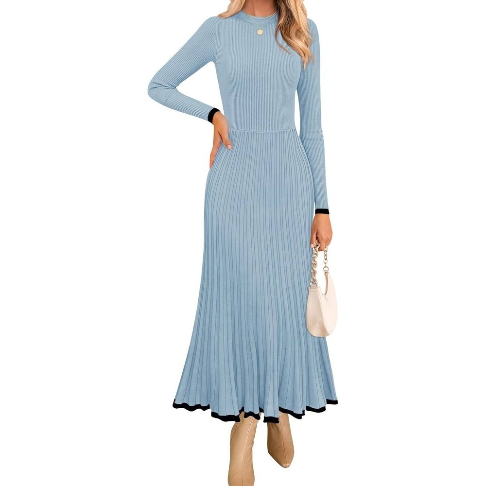 ZESICA Womens Light Blue Ribbed Knit Midi Dress Long Sleeve Contrast Trim Small